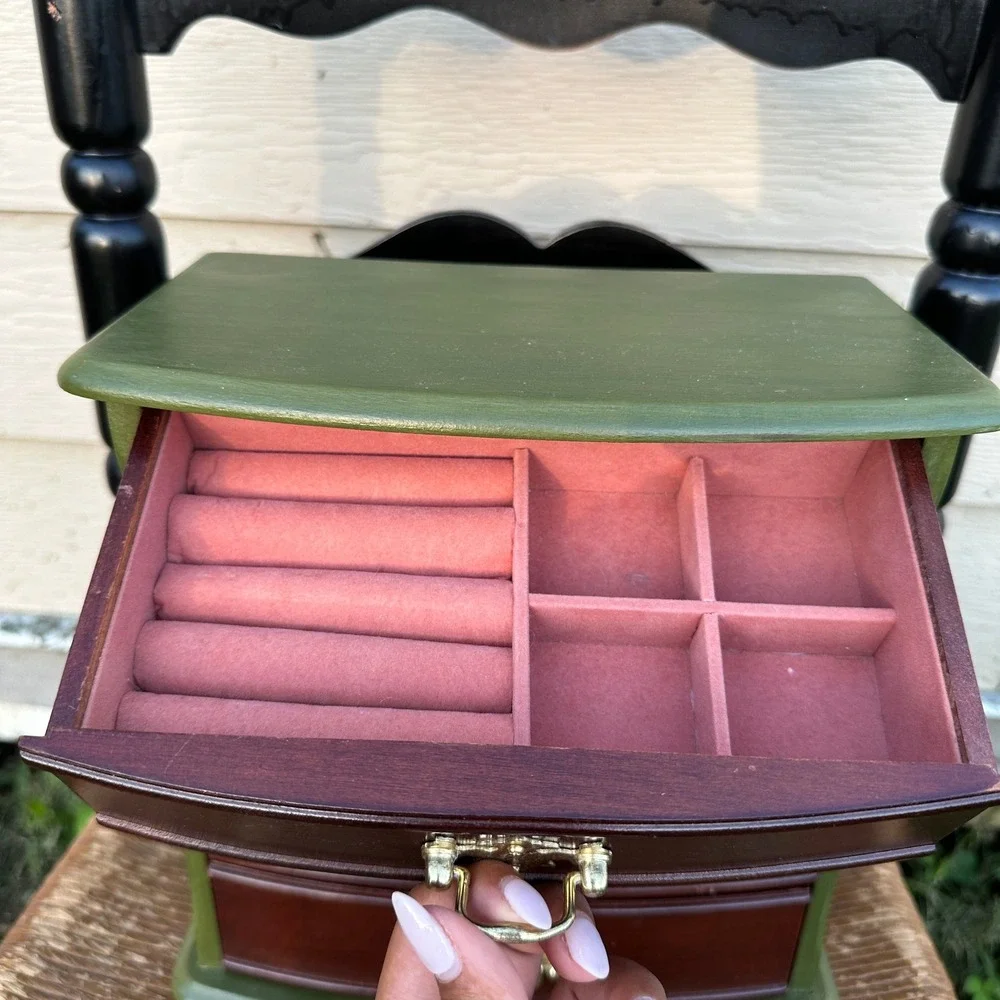 Vintage Wooden Jewelry Box Mini Dresser 4 Drawer Brass Pulls Brass Feet READ